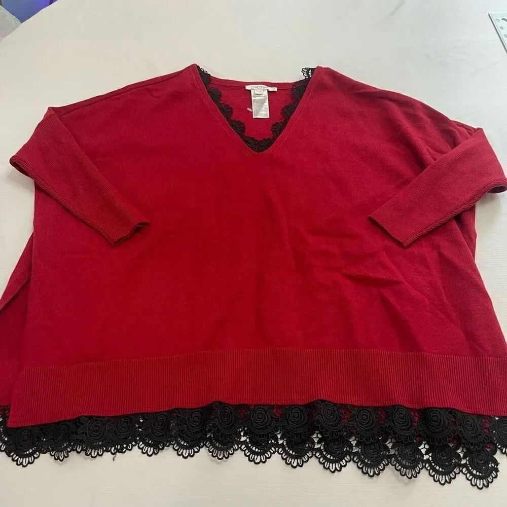 Chico’s Red Black Lace Tunic Top Oversized Sweater Size S/M New